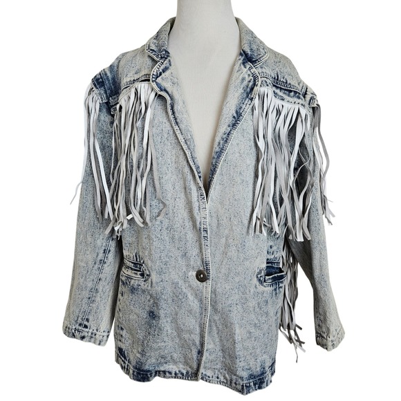 Sergio Valente acid-washed blue denim jacket white leather fringe trim, size S - Picture 3 of 7